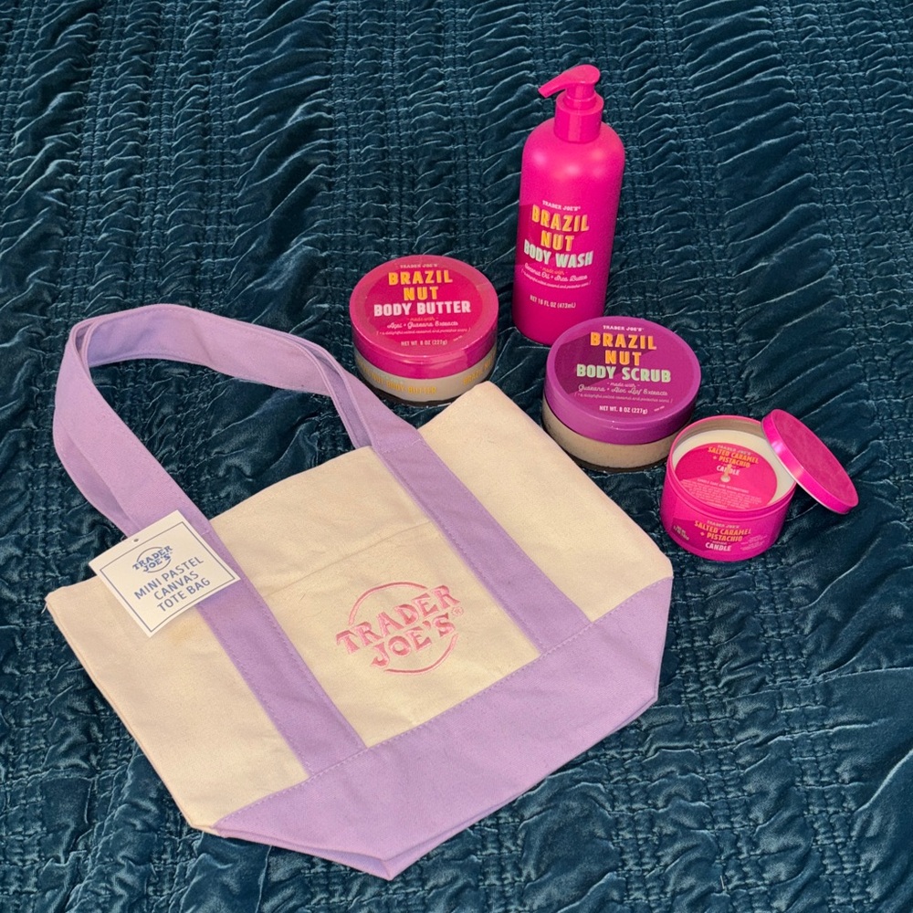 Trader Joe's Brazil Nut Gift Set- 5 items incl purple & pink canvas tote